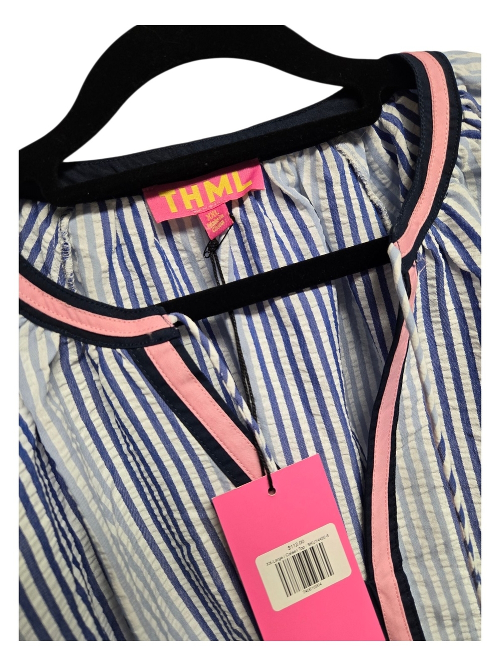 THML Blue & Pink Striped Tie-Front Peasant Blouse - Picture 4 of 5